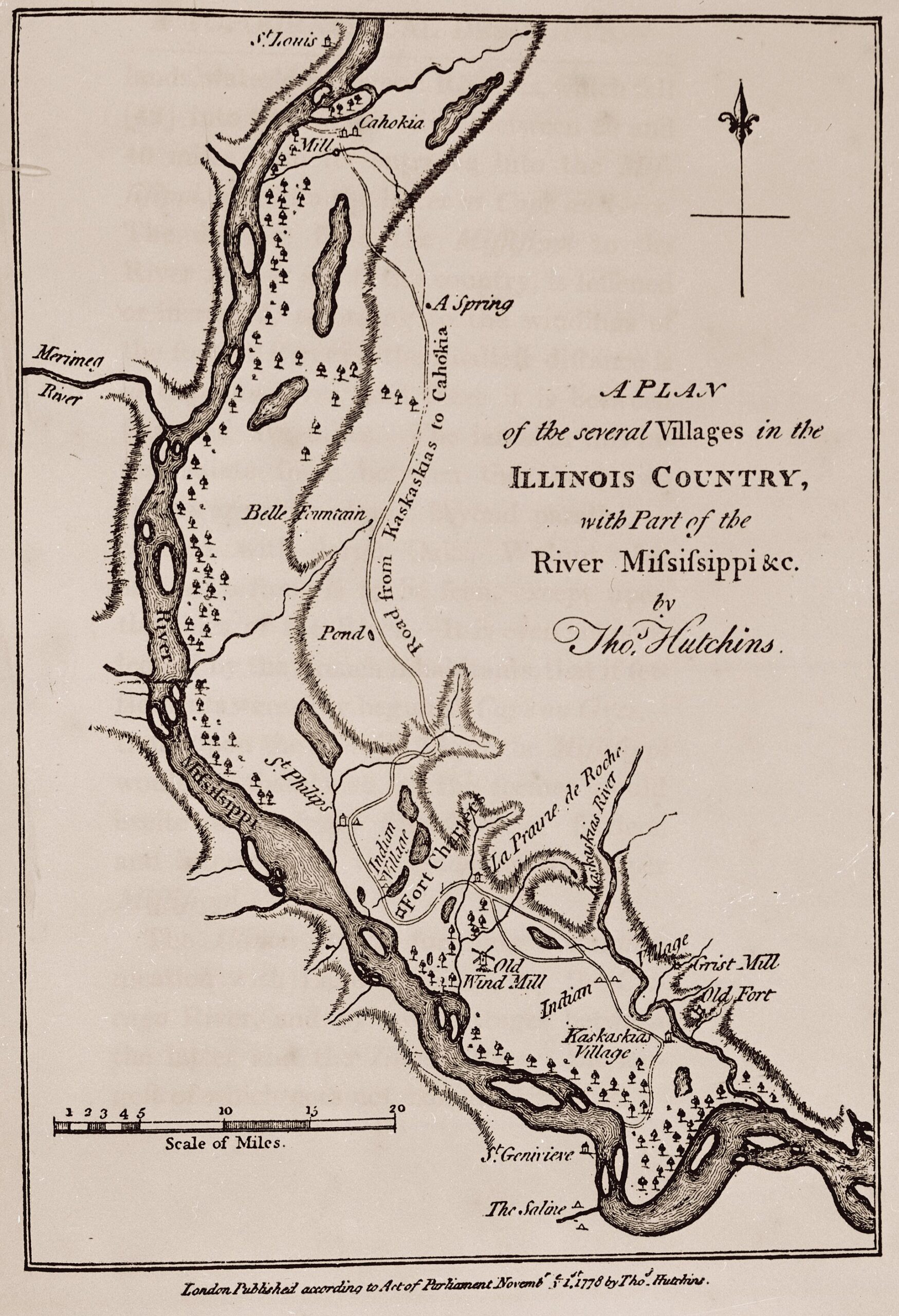 Mapa histórico de Cahokia e povoações junto ao rio Mississippi