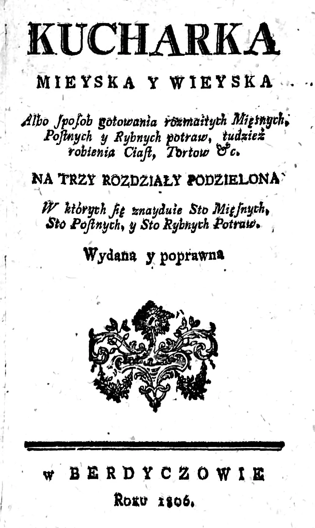 Capa de um antigo livro de cozinha polaco, publicado em 1806
