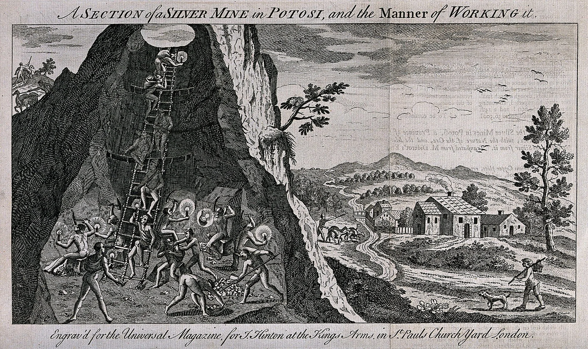 Gravura histórica do interior de uma mina de prata de Potosí