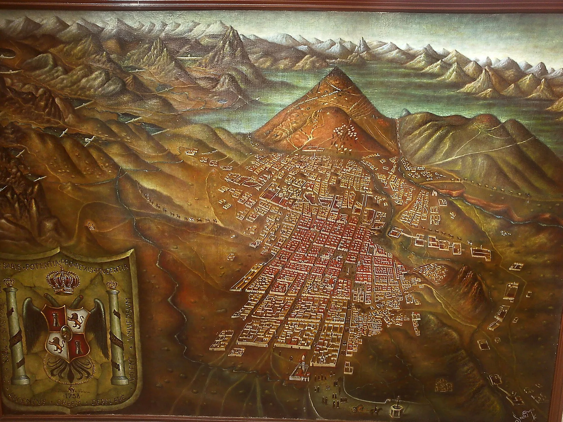 Panorama histórico de Potosí, com a cidade e o Cerro Rico